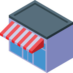 Poster - Small business building with striped awning isometric icon is showing a cute little shop