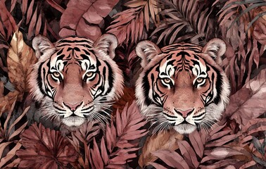 Two Tigers in Tropical Leaves