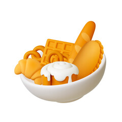 Sticker - White realistic bowl with fresh bread. Bakery products, pastries and baguette. Soft tasty roll bun with creamy, croissant, bretzel, food vector 3d element