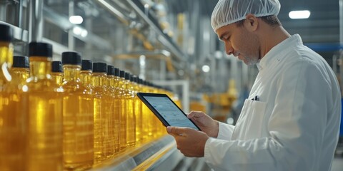 Wall Mural - a food production worker in white uniform and hairnet using a digital tablet to monitor the production line. The background features bottles of oil on a conveyor belt, food process