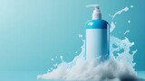 Cool blue and white shampoo bottle with rich, foamy lather cascading down, set against a clean, modern background