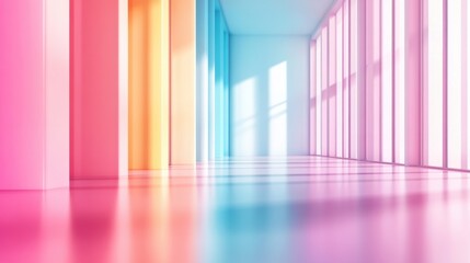 Canvas Print - Colorful hallway with bright windows and a long corridor, AI