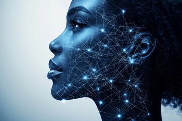 Poster - Profile of a woman with glowing neural pathways on her face symbolizing intelligence human evolution and digital connectivity in a futuristic blue lit setting