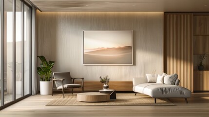 Poster - A modern living room with a neutral color palette, featuring a large sofa, a coffee table, and a framed landscape painting