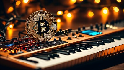 Bitcoin Digital Currency Embracing Musical Creativity on Keyboard with Synthesizer Under Warm Ambient Lighting