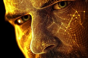 Poster - Close up of a man’s face covered in golden digital wireframes and glowing geometric patterns symbolizing the connection between humanity and advanced technology in a futuristic world