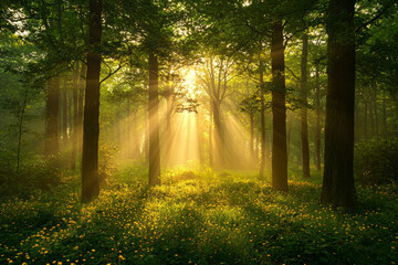 A serene forest scene with bright morning light streaming through trees, creating magical atmosphere filled with golden rays and lush greenery. vibrant flowers add to enchanting beauty of nature