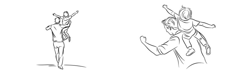 A continuous line drawing of a grandfather tossing his grandson.