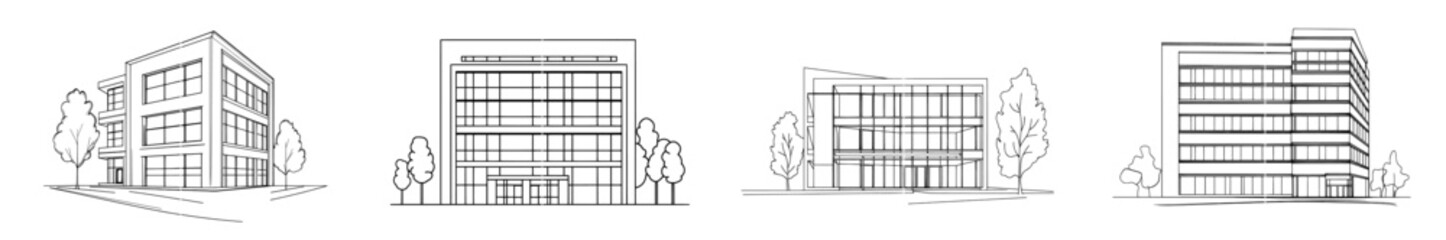 Multi-storey apartment buildings, office centers, and industrial buildings depicted in continuous line art style. Black linear sketch on white background. Modern illustration style.