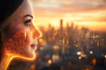 Canvas Print - Silhouette of a woman with golden glowing particles surrounding her face staring at a city skyline during sunset symbolizing human connection to the digital world and the beauty of urban life