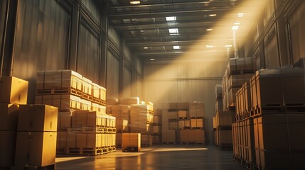 A warehouse with high shelves filled with boxes and pallets of goods.