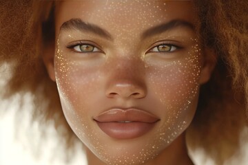 Sticker - Portrait of a woman with glowing freckles and vibrant golden lighting exuding warmth joy and radiant confidence in an ethereal and soft atmosphere