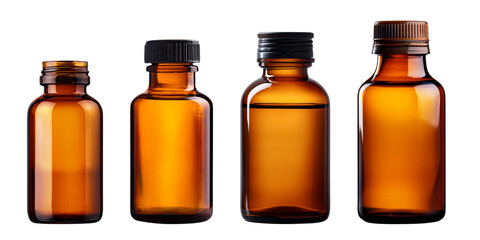 Set of four amber glass bottles with different sizes and black caps, isolated on a white background. Ideal for essential oils and apothecary items.