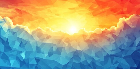 Wall Mural - Abstract geometric pattern of triangles in blue, yellow, and orange colors with white clouds.