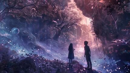 A magical, mystical forest with two figures standing in the foreground looking towards a waterfall, surrounded by glowing, shimmering particles in the air.