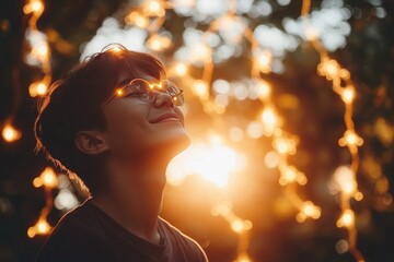 Sticker - Boy illuminated by golden sunlight smiling and surrounded by glowing light particles symbolizing joy innocence and the warmth of childhood in a magical atmosphere