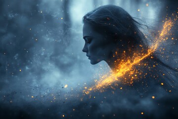 Sticker - Side profile of a woman surrounded by glowing golden dust particles symbolizing contemplation transformation and the ethereal beauty of the night