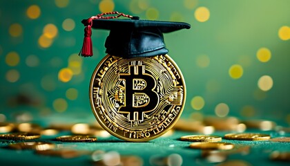 bitcoin coins in graduation caps symbolizing the intersection of education and cryptocurrency techno