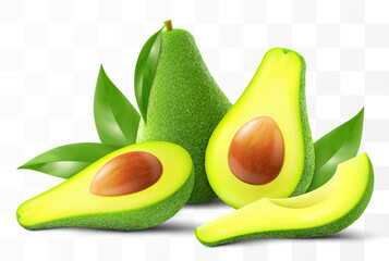 Wall Mural - fresh fruit avocado isolated on transparent background. whole, slices and halves avocado with bone. 