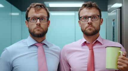 Canvas Print - Two men in pink shirts and ties holding a coffee mug, AI