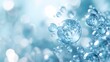 © horizon - Translucent light blue water molecules are depicted in macro detail, showcasing crystal-clear spheres and floating bubbles in a soft-focus, scientific visualization.
