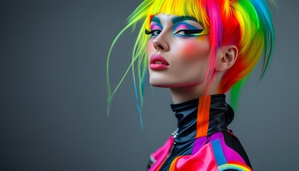 Wall Mural - Futuristic fashion model showcasing vibrant colorful hair and striking makeup against a sleek gray backdrop