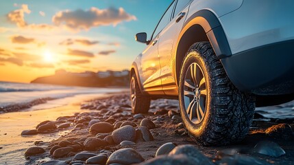 Wall Mural - A white SUV is parked on a rocky beach during sunset, showcasing its reflective paint and detailed tire treads against a coastal cityscape and blue sky.