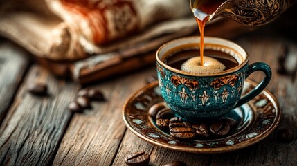 Turkish coffee being poured into a vintage cup against a wooden backdrop.