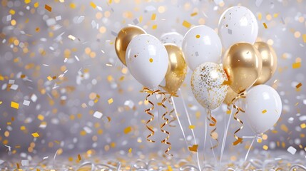 White and Gold Party Balloons, Happy Birthday Background, gold Confetti, Sale party festive, Celebration banner, white wall, HD