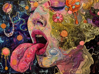 Wall Mural - A close-up portrait of a woman with a colorful, abstract design, her tongue sticking out and dripping with a vibrant pink substance.