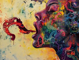 Wall Mural - Abstract portrait of a woman with colorful, swirling patterns emanating from her mouth, creating a vibrant and surreal scene.