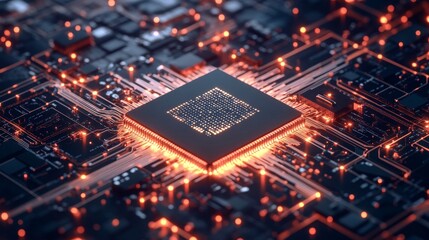 Poster - Glowing microchip on a circuit board, close-up view. High technology and innovation concept