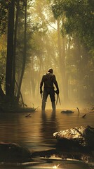 Poster - Lone Figure Wades Through a Misty Forest River During a Serene Afternoon in Nature