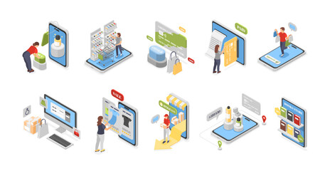 Sticker - Isometric online shopping. People buy goods in mobile application, digital marketplace. E-commerce, modern payment and delivery, flawless vector scenes