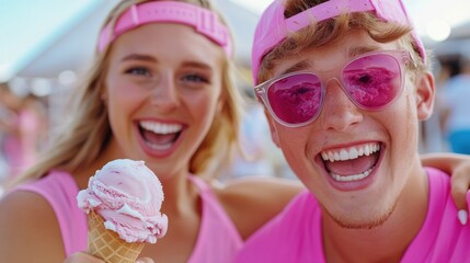 Wall Mural - A man and woman wearing pink sunglasses holding an ice cream cone, AI