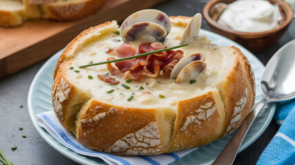 Wall Mural - A bowl of clam chowder served in a sourdough bread bowl, garnished with chopped bacon and fresh chives.  