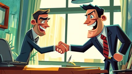 Illustration of two animated businessmen shaking hands in an office setting, showcasing agreement and partnership.