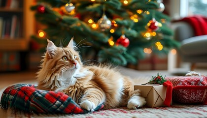 Fluffy cat gazing at Christmas tree ornaments in a warm living room adorned with festive decorations and beautifully wrapped gifts beneath the tree