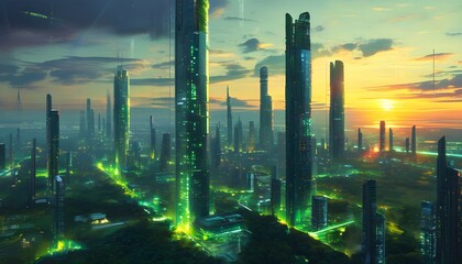 Wall Mural - Futuristic cityscape showcasing green glowing skyscrapers and advanced technological interfaces, embodying smart city concepts and digital innovation