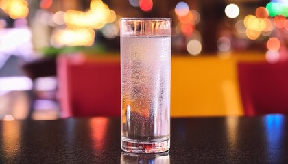 Wall Mural - effervescent sparkling water in tall glass on dark polished countertop bubbles rising to surface blurred lively cafac background with colorful decor and tables enhancing refreshing beverage aestheti