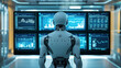 © bellito10 - humanoid robot is looking on business-related display in neon blue lighting room