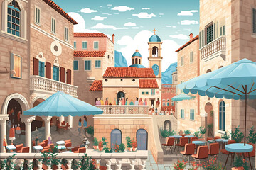 Wall Mural - Dubrovnik urban landscape. Pattern with houses. Illustration