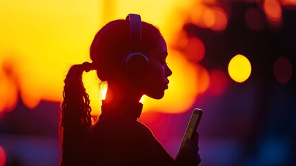 Poster - Silhouette a Young Woman Listening to Music with Smartphone background