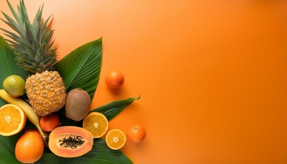 Wall Mural - vibrant composition of fresh tropical fruits surrounded by lush green leaves against a warm orange background