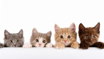 five playful kittens of different colors peek over a white surface with curious expressions