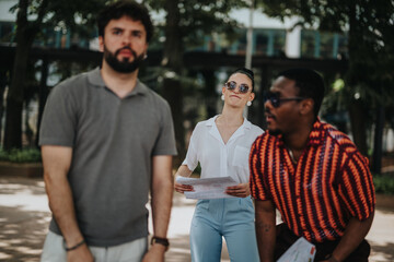 Wall Mural - Multiracial business team engaged in discussing sales strategies and revenue growth outdoors, fostering innovative thinking for profitability and development.