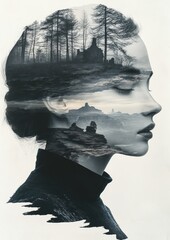 Wall Mural - A double exposure portrait blending nature and human emotion.