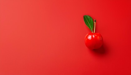 Wall Mural - a single acerola cherry on a vibrant red background with space for your message