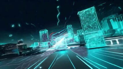 Poster - Discover futuristic cityscapes with vibrant neon lights and dynamic motion in a modern urban environment