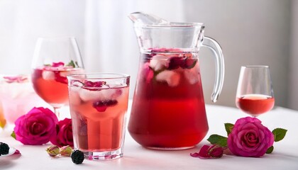 Wall Mural - refreshing berry and rose petal spritzer summer drink in glasses and jug on white table stock photo